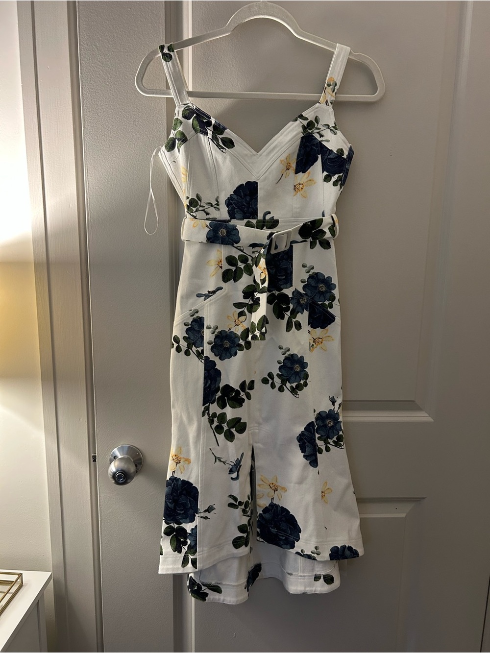 NICHOLAS White Midi Dress with Navy & Green Floral Pattern